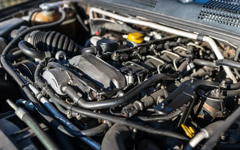 Dirty engine compartment in the used car, visible parts of the engine, cables, lines and reservoirs