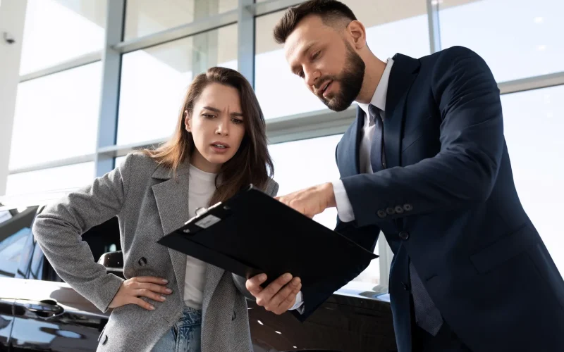 displeased young woman in car dealership arguing with car dealer